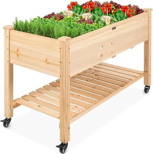 Vista 10 de Best Choice Products Cama de jardín elevada de 48 x 24 x 32 pulgadas, maceta móvil de madera elevada con ruedas bloqueables, estante