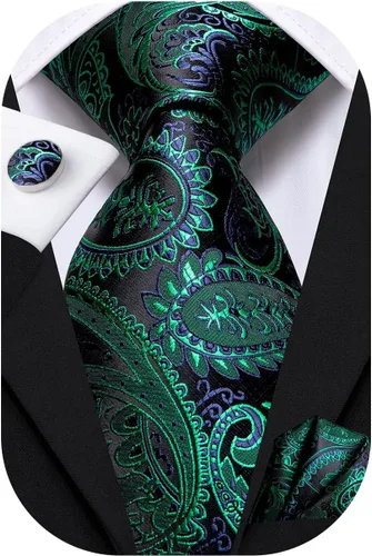 Vista 10 de Hi-Tie Conjunto de corbatas de seda con estampado paisley para hombre, pañuelo de bolsillo y gemelos, conjuntos de corbata formal para negocios a
