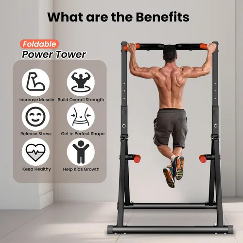 Vista 9 de WATBKHE Power Tower Pull Up Dip Station, Pull Up Bar Free Standing Negro 01