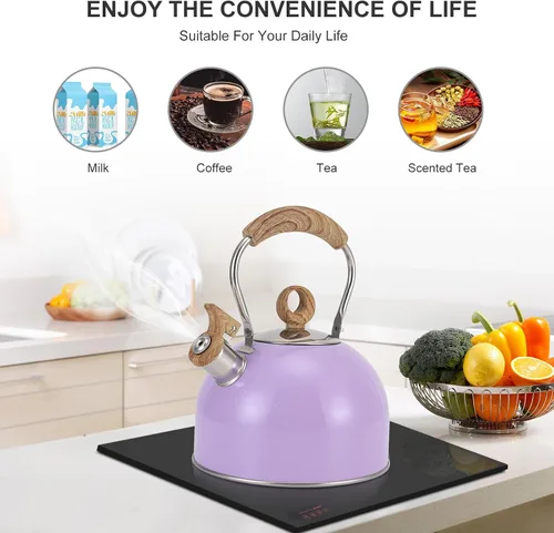 Vista 6 de Hervidor de té silbante de 85 onzas / 2.5 litros, ollas para estufa, acero inoxidable de grado alimenticio con mango plegable con patrón de madera