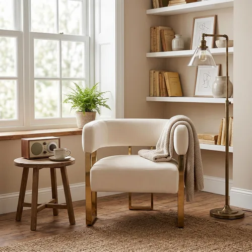 Vista 4 de Silla de acento barril para sala de estar con patas de metal dorado, silla lateral de terciopelo suave tapizada para dormitorio, sillón de lectura