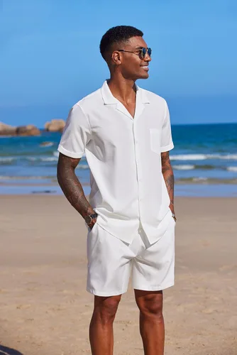 Vista 2 de COOFANDY Conjunto de camisa de 2 piezas para hombre, manga corta, con botones, casual, hippie, vacaciones, playa, camisetas y pantalones cortos