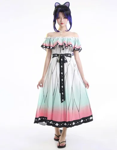 Vista 2 de Haikyuu Vestido de cosplay de anime para mujer, vestido de playa con volantes de mariposa y hombros descubiertos, lazo largo, acampanado, casual