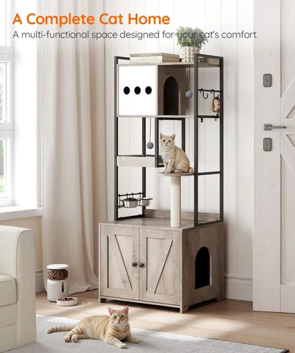 Vista 2 de HOOBRO Árbol para gatos con caja de arena, torre para gatos de 58.7 pulgadas de alto con muebles de caja de arena oculta, con poste rascador