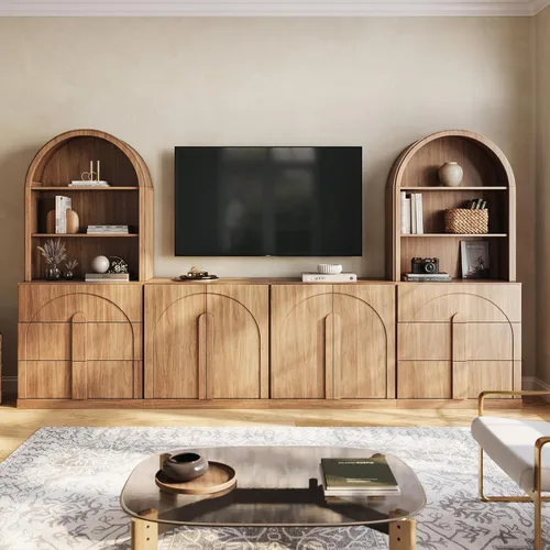 Vista 10 de BELLEZE Centro de entretenimiento modular de 4 piezas con almacenamiento, 2 vitrinas de madera moderna con gabinete arqueado y 2 armarios de puerta