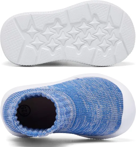 Vista 5 de MORENDL Zapatos de calcetín para caminar para bebé, 2 pies pequeños, pantuflas para niños pequeños, niñas y niños, suela suave, antideslizante