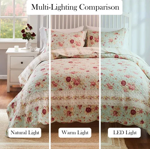 Vista 4 de Greenland Home juegos de edredón con diseño de rosas antiguas de 100% algodón de calidad hereditaria, 2 piezas, tamaño individual/XL, azul