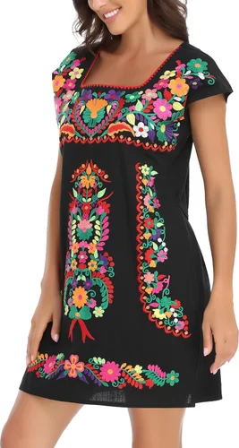Vista 7 de YZXDORWJ Vestido bordado mexicano sin mangas con cuello de volantes para mujer