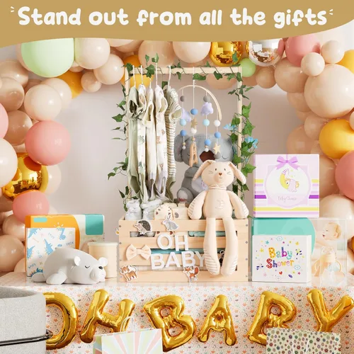 Vista 4 de Cesta grande de regalos para baby shower, caja de madera, colgadores de letras de madera personalizadas para bebé recién nacido niña niño, regalos