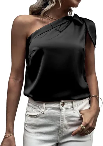 Vista 5 de Rooscier Blusa de oficina elegante de gasa con nudo de lazo y un hombro para mujer