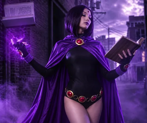 Vista 2 de Disfraz de cuervo para mujer, capa morada con cinturón, disfraz de Halloween, uniforme para niñas