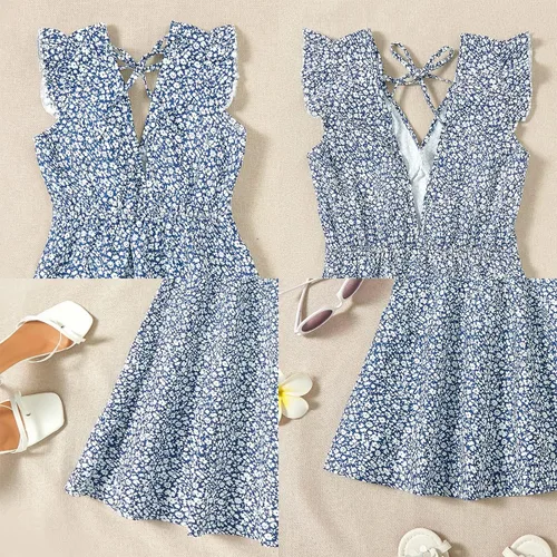 Vista 6 de Vestidos a juego para mamá y yo, con estampado floral, sin mangas, tirantes delgados, cuello en V, girasol, vestido de playa para madre e hija