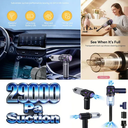 Vista 5 de Aspiradora de mano portátil inalámbrica para automóvil limpiadora Aspiradora para Carro, 4 en 1, nuevo Pro con pantalla LED V2, soplador de aire