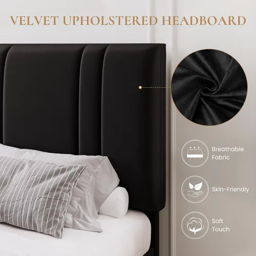 Vista 4 de SHA CERLIN Base de cama de plataforma de tamaño completo, cama tapizada de terciopelo con cabecera ajustable, diseño capitoné de canal vertical