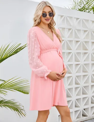 Vista 5 de Coolmee Vestido de maternidad de manga larga con lunares suizos, cuello en V, para otoño, casual, bohemio, vestido midi para baby shower, sesión