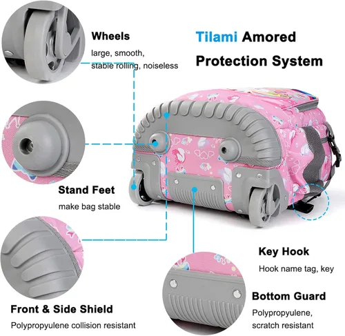 Vista 6 de Tilami Mochila rodante con diseño de ruedas de carretilla, lindo estampado de dibujos animados para niños y niñas, viajes, escuela, viaje