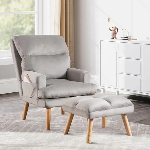 Vista 9 de IOMOR Silla Accent con otomano, silla de lectura cómoda, sillón con respaldo ajustable y bolsillos laterales, sofá de tela suave de ocio para Beige