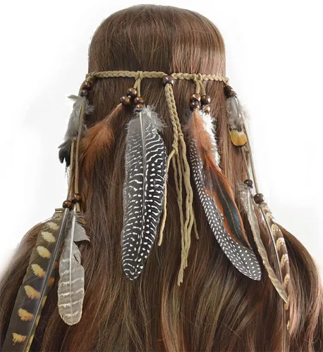 Vista 5 de Diadema de plumas indias, tocado ajustable marrón, borlas tribales de plumas, cuerda de cáñamo para carnaval, disfraz hippie, fiesta, festival