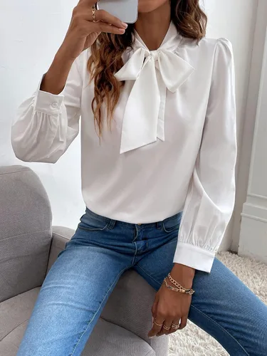 Vista 5 de Verdusa Blusa de gasa de manga larga con cuello de lazo elegante para mujer