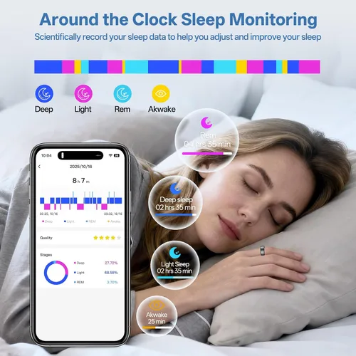 Vista 5 de Anillo inteligente para mujeres y hombres, anillo de seguimiento de salud con frecuencia cardíaca, monitor de sueño, oxígeno en sangre, HRV, estrés