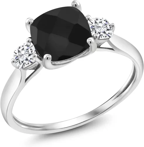 Vista 2 de Gem Stone King Anillo de compromiso de 3 piedras para mujer con cojín de oro blanco de 10 quilates, ónix negro y moissanita creada en blanco