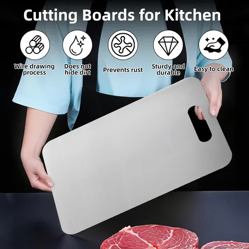 Vista 3 de Tabla de cortar de acero inoxidable, tabla de cortar de cocina 304 de grado alimenticio, uso de doble cara, disponible en tres tamaños, inodoro