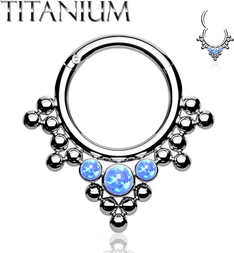 Vista 2 de BodyJ4You Anillo de piercing 16G con bisagras, aro clicker grado implante, titanio, tribal, ópalo, tabique, pezón, oreja daith, Metal