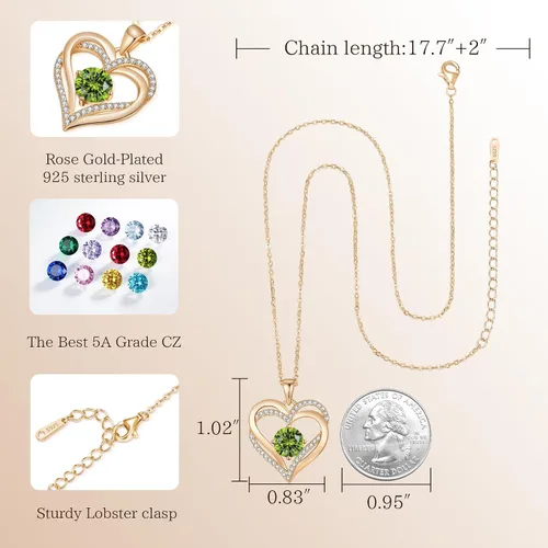 Vista 6 de LOUISA SECRET Love Heart Birthstone Necklaces for Women, Birthday Gift for Girlfriend, Anniversary Jewelry Gift for Wife Her, 925 Sterling Silver