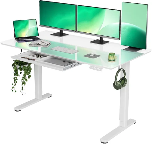 Vista 15 de INNOVAR Escritorio de pie de cristal con cajones, escritorio de pie ajustable de 32 x 19 pulgadas, escritorio de computadora de oficina en casa