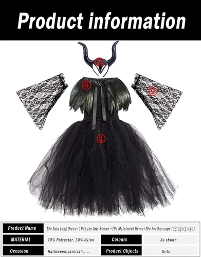 Vista 7 de L'VOW Vestido de princesa con encaje y tutú de tul para Halloween con cuernos de maléfica, capa de plumas