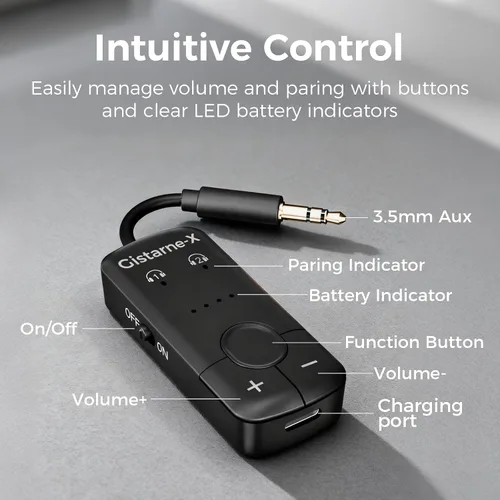 Vista 6 de Transmisor de audio Bluetooth 5.3 con Qualcomm aptX adaptativo, soporte de dispositivo doble, duración de la batería de 35 horas, AUX de 0.138 in