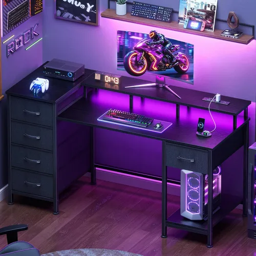 Vista 3 de Korfile - Escritorio para computadora de 47 pulgadas con 5 cajones de almacenamiento de tela, escritorio para juegos con tomas de corriente y luces