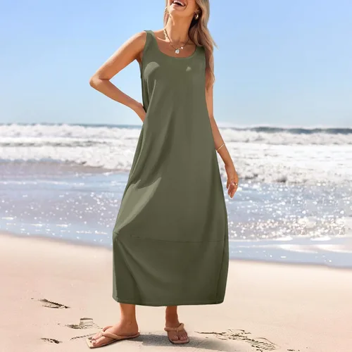 Vista 2 de Vestidos de iglesia para mujer 2025, casual, holgado, sin mangas, largo, fluido, vestido de verano con bolsillos