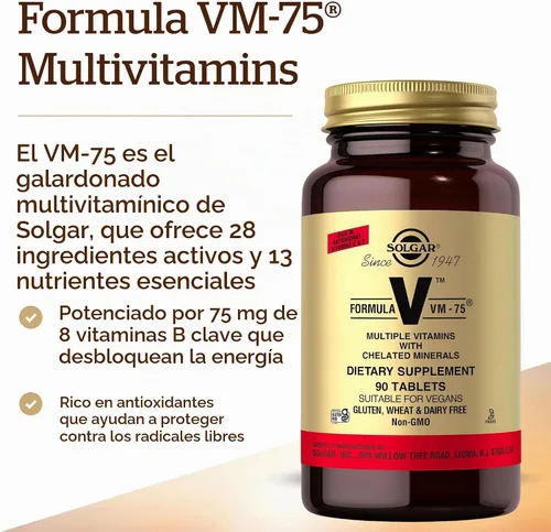 Vista 3 de Solgar Fórmula VM-75, 90 tabletas – Multivitamínico con minerales quelados – Vitamina A, B6, B12, C, D, E – Biotina, magnesio, calcio, hierro, zinc