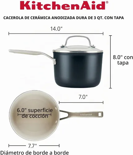 Vista 2 de KitchenAid Sartén antiadherente de cerámica anodizada dura con tapa, 3 cuartos de galón, color negro mate
