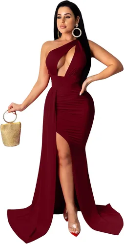 Vista 3 de LAGSHIAN Women Sexy Elegant One Shoulder High Split Cutout Long Evening Dress