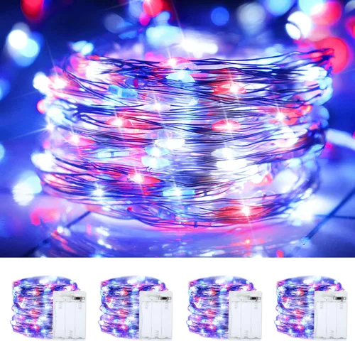 Vista 10 de Luces de cuerda de Navidad rojas, verdes y blancas de alambre de cobre, paquete de 2, total de 200 luces LED de hadas, luces parpadeantes