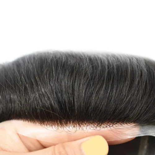 Vista 3 de Tupé de cabello humano fino para hombre, tupé mono tupé para hombres atados a mano, sistema de reemplazo de cabello para hombres, postizo