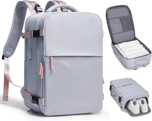 Vista 9 de Mochila de viaje grande, bolsa de mano, aprobada para aviones, para artículos personales, para hombre o mujer, color beige con marrón