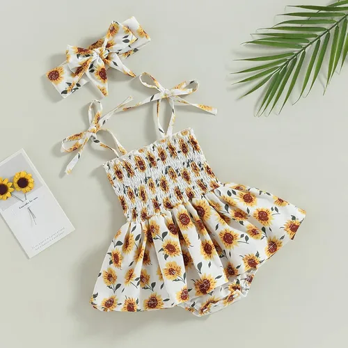 Vista 2 de HnuanLui Mameluco para bebé recién nacido, vestido fruncido sin mangas, con tirantes de burbujas, enterizo con volantes de una pieza con diadema