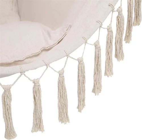 Vista 3 de Silla hamaca colgante de cuerda con borla, máximo 330 libras, 2 cojines incluidos, silla colgante grande de macramé con bolsillo, tejido de algodón