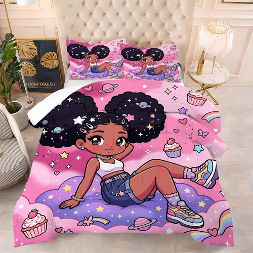 Vista 2 de kxry Lindo juego de edredón de niña negra, juegos de ropa de cama individual de niña afroamericana para niños, bonito edredón de nubes estrelladas