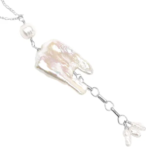 Vista 6 de Large White Notched Rectangle Cultured Freshwater Pearl Chain Necklace Sterling Silver Gold-filled