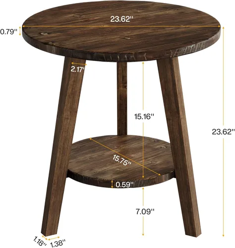 Vista 2 de Mesa de noche redonda de madera maciza, mesa auxiliar para sofá con estante de almacenamiento, mesita de noche de estilo granja para sala de estar