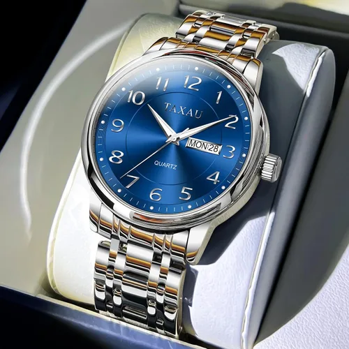 Vista 8 de Relojes de vestir para hombre, reloj analógico impermeable con fecha de día, reloj de pulsera de acero inoxidable de lujo con números arábigos