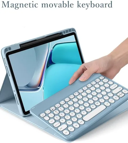 Vista 2 de Funda de teclado compatible con iPad de 9ª, 8ª y 7ª generación, Air 3ª generación Pro de 10.5, con mouse Bluetooth, tecla redonda, lindo teclado