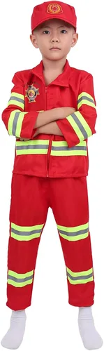 Vista 3 de Jizyo Disfraz de bombero para niños y niñas, de manga larga, chaqueta con pantalones, sombrero, fiesta temática, vestido de bombero