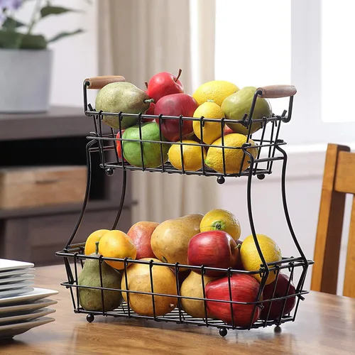 Vista 2 de SunnyPoint Cesta rectangular de alambre para pan de frutas de 2 niveles (negro, metal)