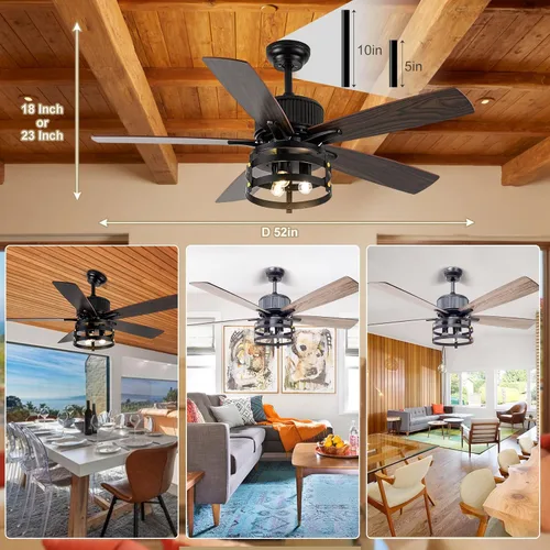 Vista 4 de Ventiladores de techo rústicos de granja con luces y control remoto, ventilador de techo para exteriores para patios con luz, ventilador de techo