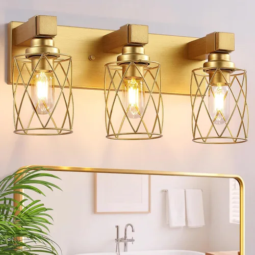 Vista 8 de Farmhouse 3-Light Wood Bathroom Vanity Light, White Metal Cage Shade